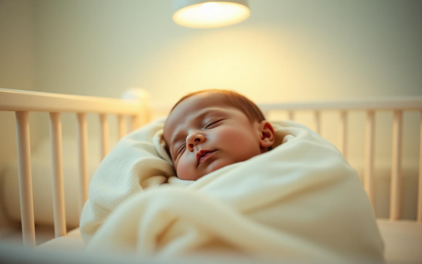 Bebé durmiendo tranquilo en una cuna con luz cálida y tenue