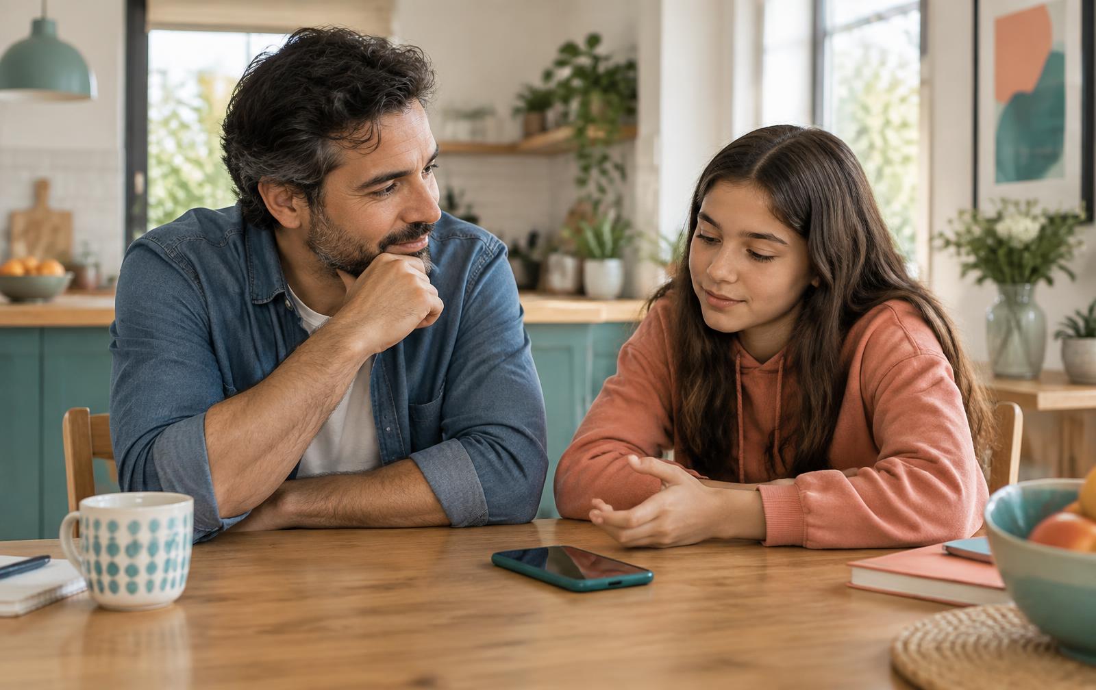 Padre conversando con su hija adolescente sobre el uso del primer smartphone